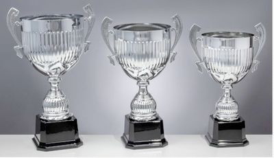 Großer Henkelpokal Vivian in Silberoptik mit strukturiertem Kelch, kräftigen Henkeln und schwarzem Kunststoffsockel