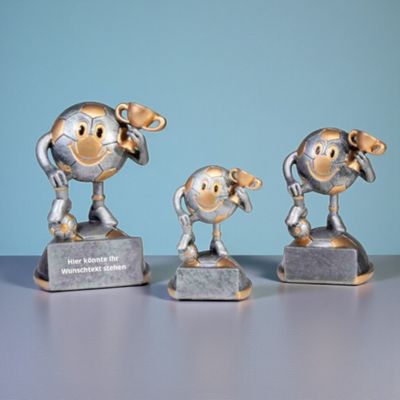 Funny Trophäen 3er Serie aus Resin mit Comic-Figur und Pokal, 3 Größen auf grauem Sockel