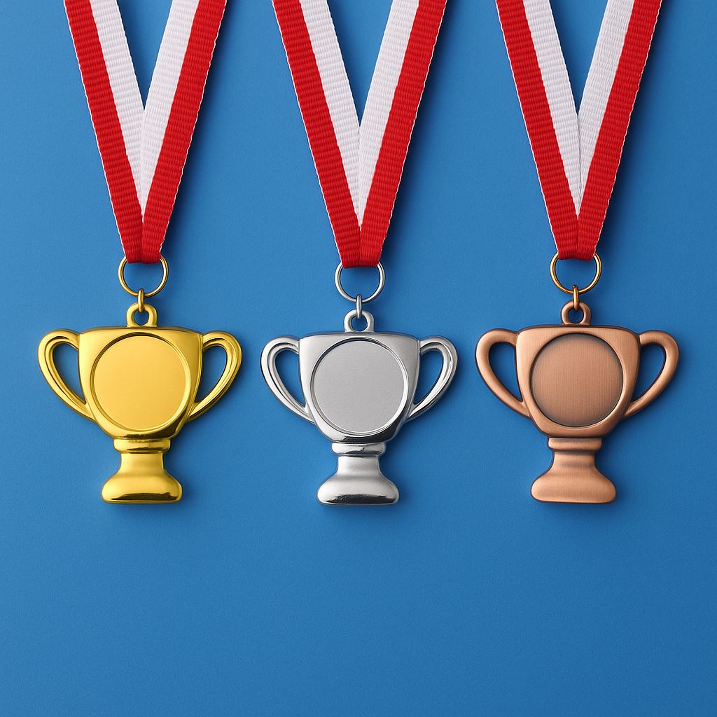 Kindermedaille mit Pokalmotiv in Gold, Silber und Bronze, Ø 2,5 cm, inkl. Band