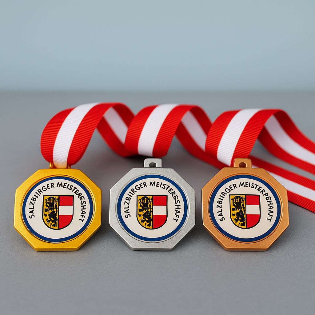 Salzburger Meisterschaft Medaille, ab € 3,80 Achteckige Medaille in Gold, Silber und Bronze, Ø 5 cm, inkl. rot-weißem Band