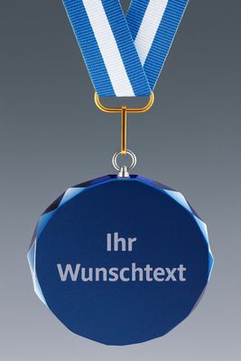 Glasmedaille Facette Blau Ø 7 cm, ab € 8,10 Blaue Glasmedaille mit Facettenschliff, Ø 7 cm, Stärke 8 mm, inkl. Band