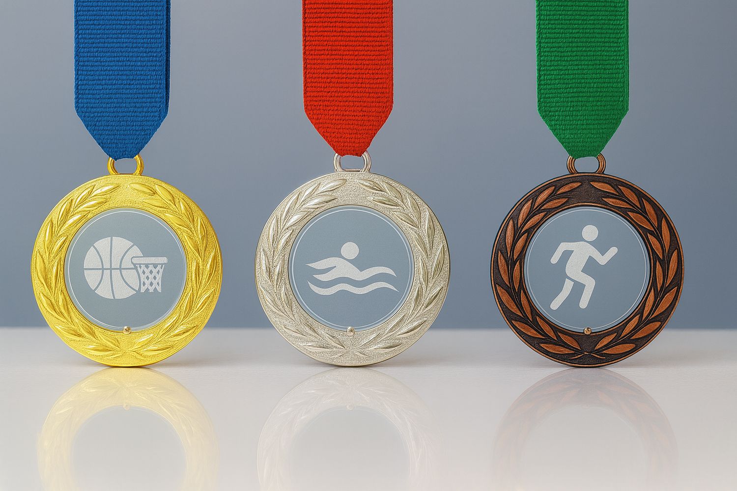 Acrylglasmedaille Ø 9 cm mit Lorbeerkranz-Design, farbiger Medaillenring und Band, sportliches Motiv