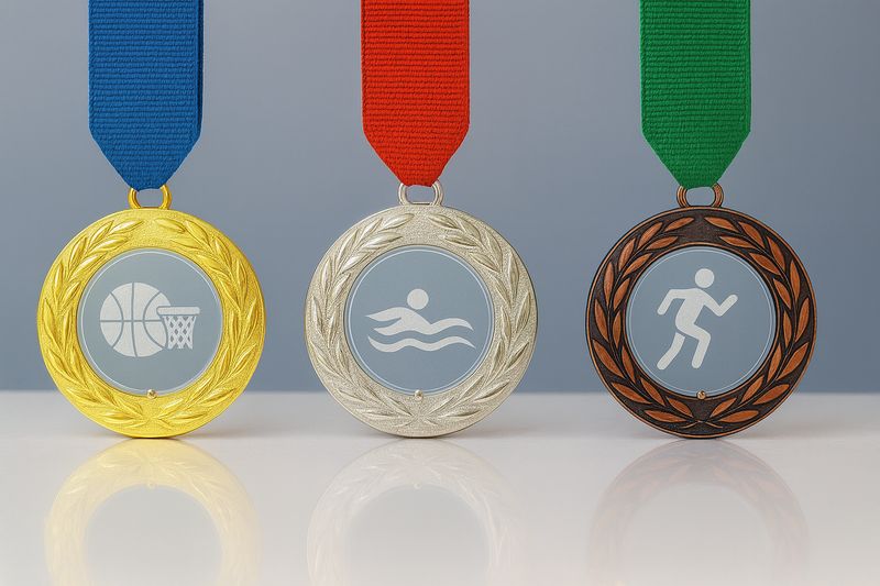 Acrylglasmedaille Ø 9 cm mit Lorbeerkranz-Design, farbiger Medaillenring und Band, sportliches Motiv