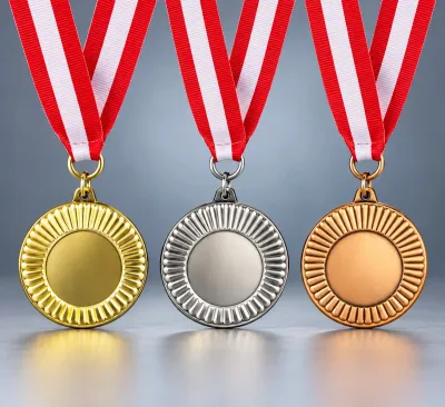Metallmedaille Strahlenrand Ø 4 cm Metallmedaille mit glatter Vorderfläche und umlaufendem Strahlenrand. Durchmesser Ø 4 cm