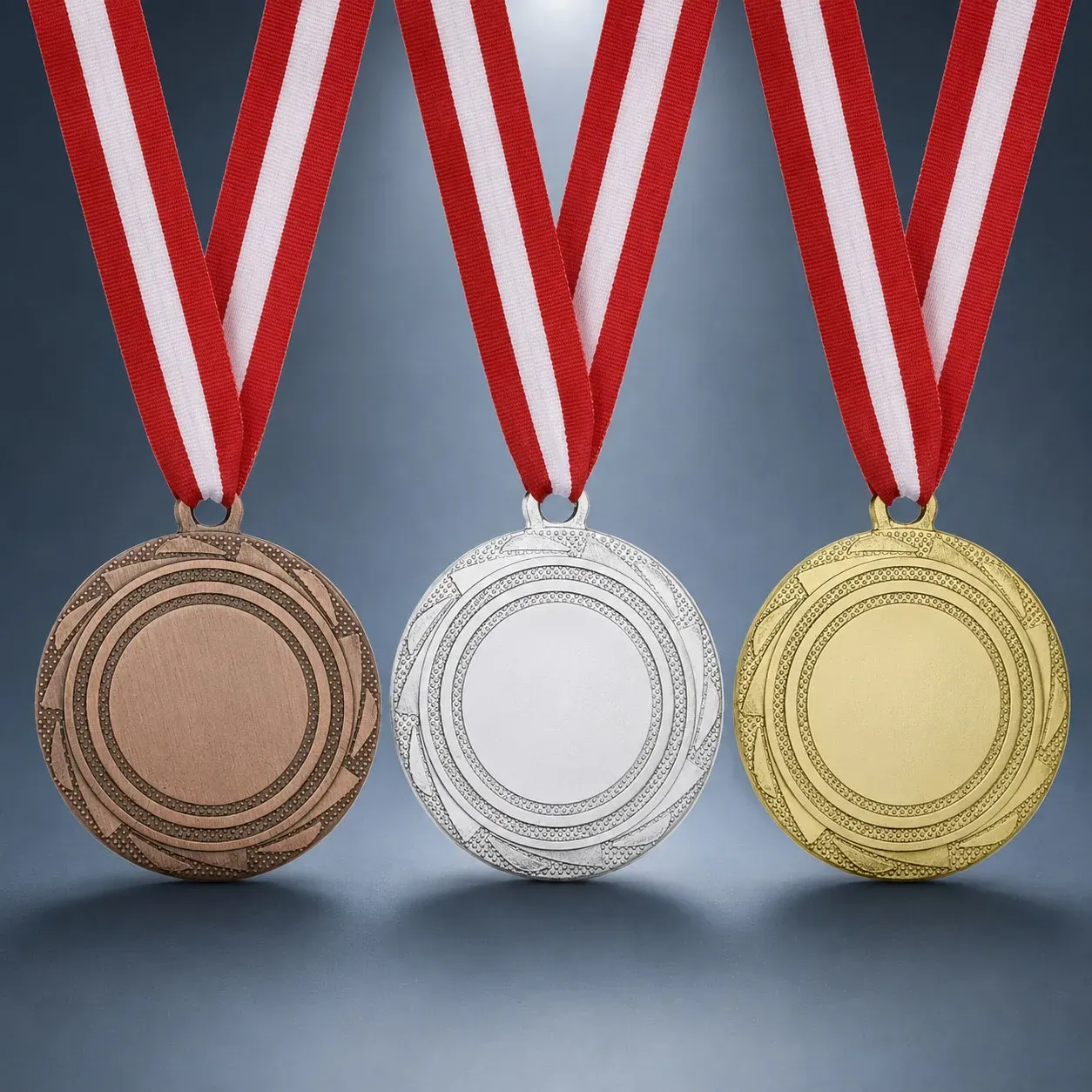 Metallmedaille Orbit & Band Ø 4,5 cm, ab € 2,00 Metallmedaillen Orbit in Gold, Silber und Bronze, Band und Emblem montiert, modernem kreisförmigem Design.