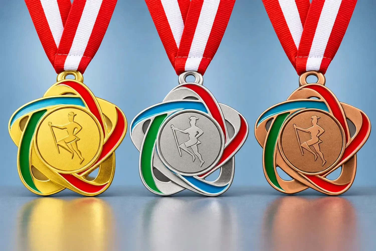 Moderne Metallmedaille mit mehrlagigem, dynamischem Ringdesign und zentraler Motivfläche. Durchmess…