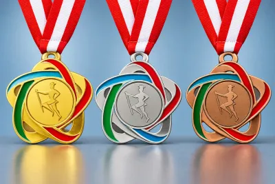 Metallmedaille Fasching Ø 5 cm Moderne Metallmedaille mit mehrlagigem, dynamischem Ringdesign und zentraler Motivfläche. Durchmess…