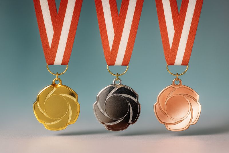 Moderne Metallmedaille mit mehrschichtigem Spiral-Design und fließender Formensprache. Durchmesser …