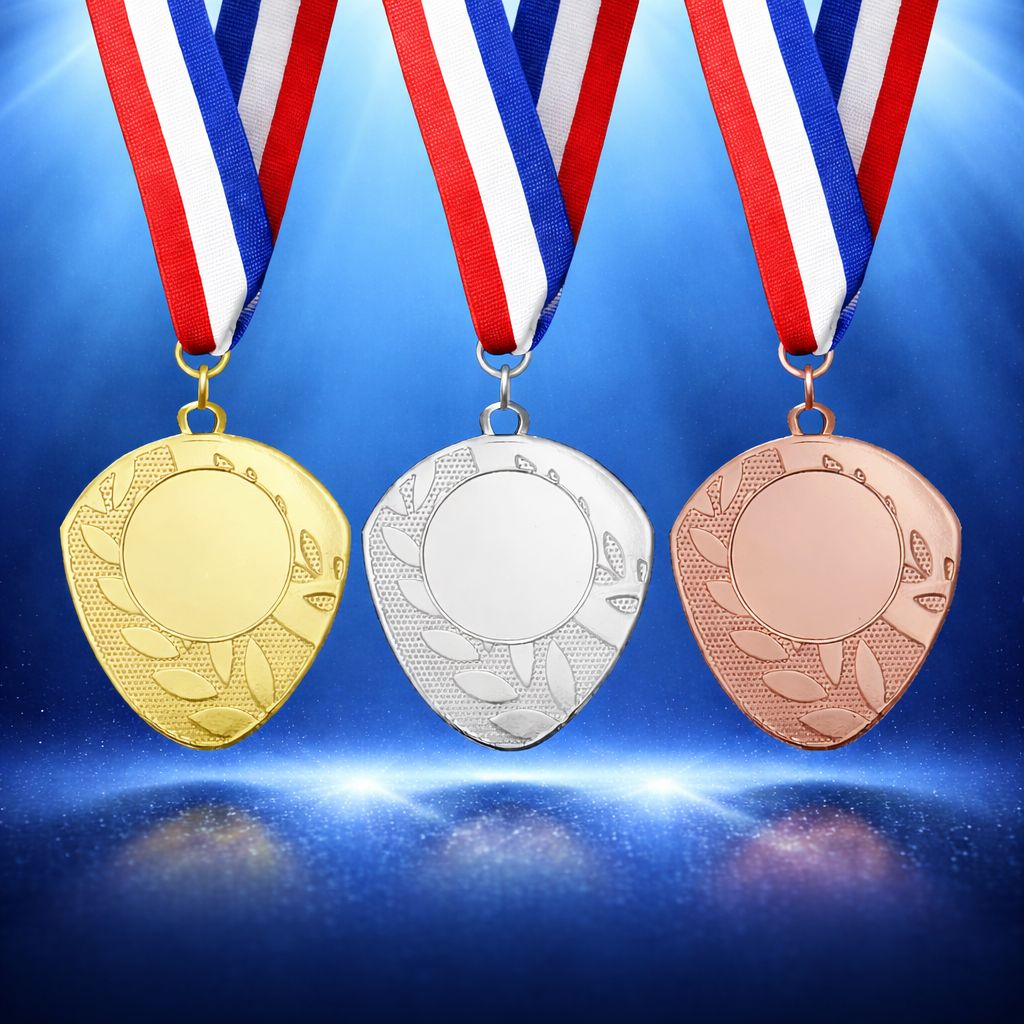 Metallmedaille Sportmedaille aus Metall mit Lorbeerblatt-Relief in Gold, Silber und Bronze, 5 cm Durchmesser