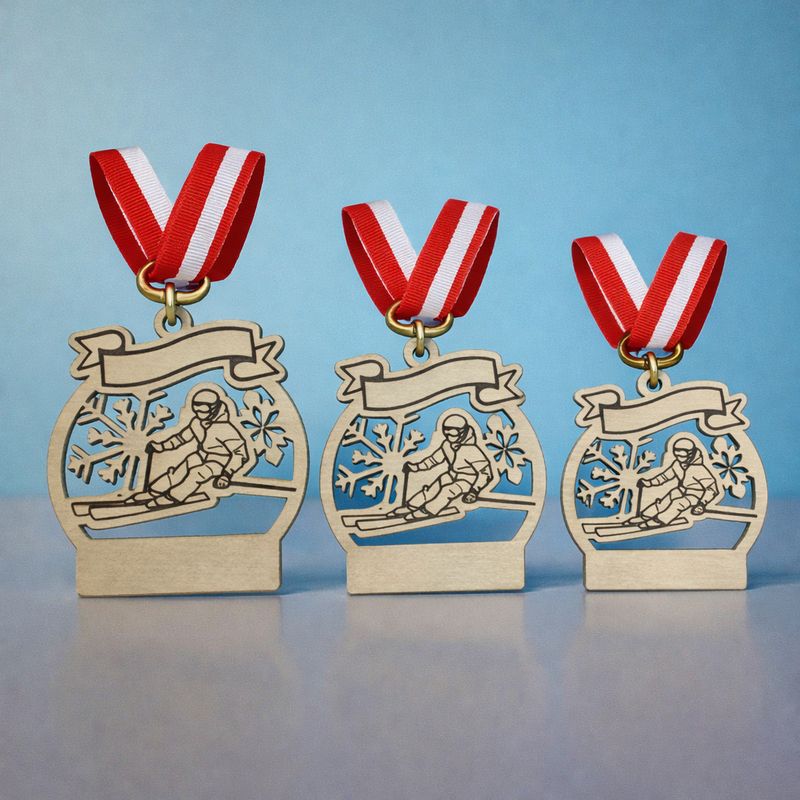 Holzmedaille HM-SKI-720 mit Ski-Motiv und Banner, naturbelassene Optik, in 10,5 / 9,0 / 7,5 cm