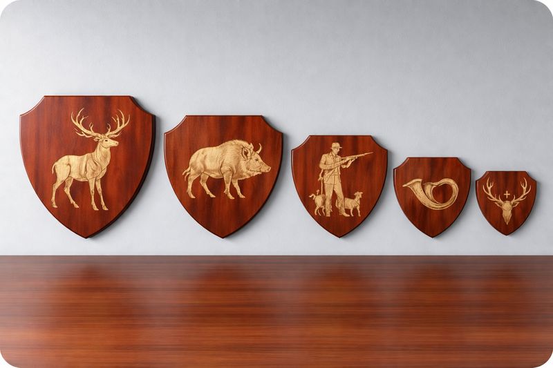 Holzwappen im Mahagoni-Look, ab € 12,90