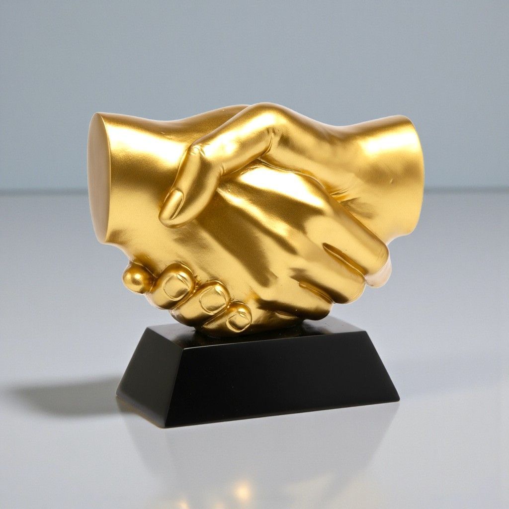 Goldene Resin Trophäe mit Handschlag auf schwarzem Sockel