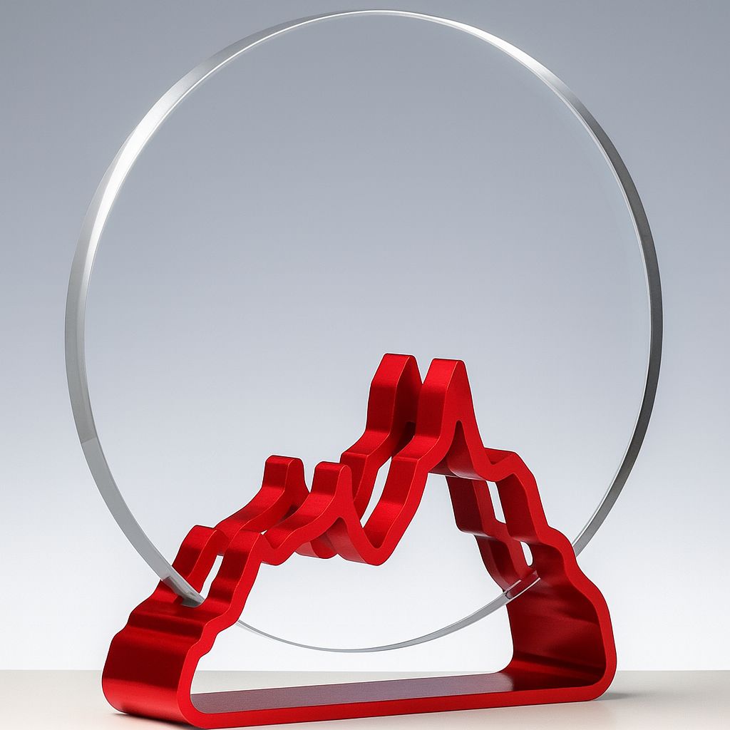 Kristallglas Award Gipfelstürmer mit roter Bergform und rundem Glaselement