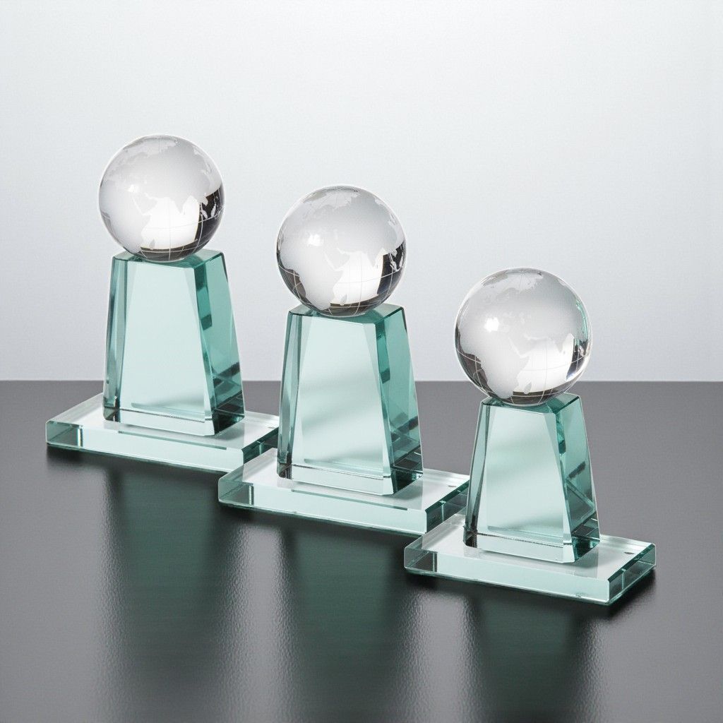 Jadeglas-Trophäe mit klarer Glaskugel auf facettiertem Sockel aus grün getöntem Glas