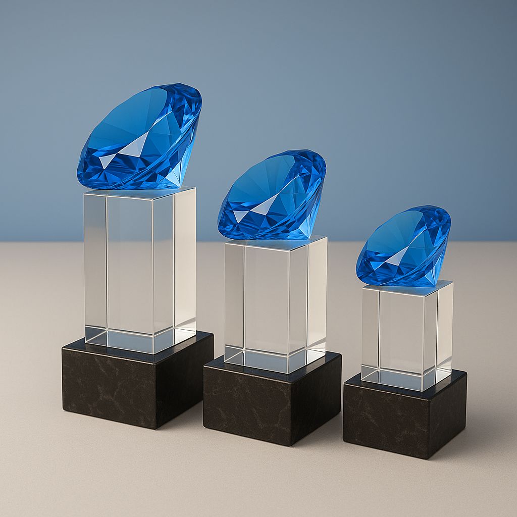 Kristallblock mit Glasdiamant auf Marmorsockel aus Kristallglas und Marmor, hochwertige Auszeichnung