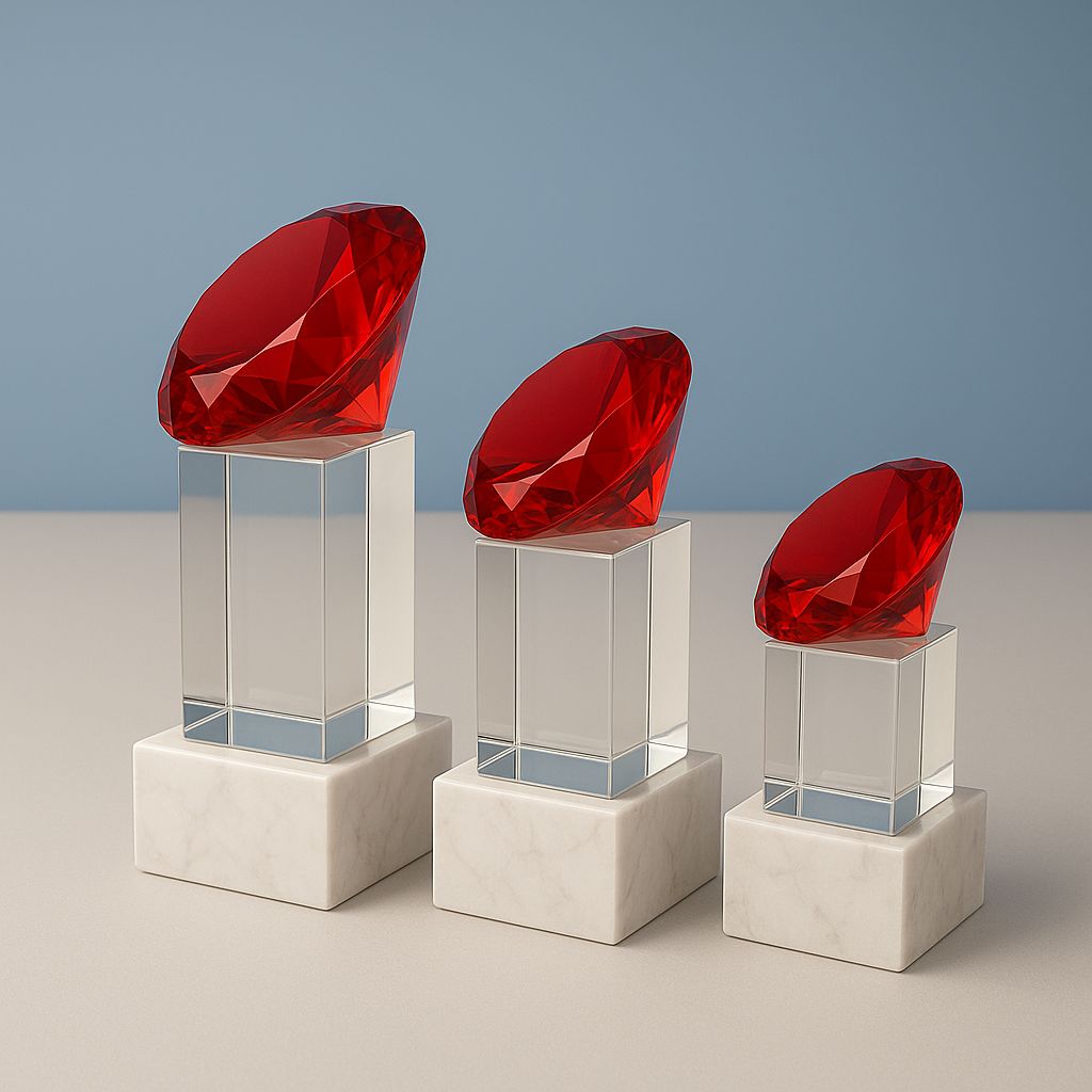 roter Glasdiamant + Kristallglasblock + Marmorsockel, ab € 37,30 Kristallblock mit Glasdiamant auf Marmorsockel aus Kristallglas und Marmor, hochwertige Auszeichnung