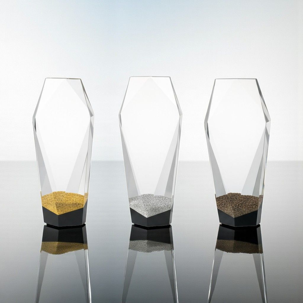 Kristall Glastrophäe mit facettierter Form und Glitzer-Sockeleinsatz in Gold, Silber oder Bronze