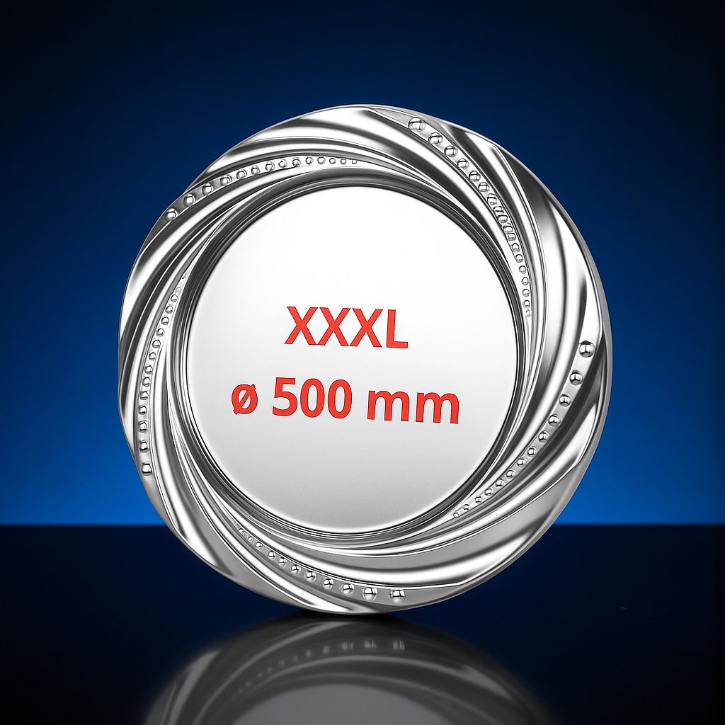 Silberfarbener Meisterteller aus Metall mit ornamentiertem Rand, verfügbar in mehreren Durchmessern