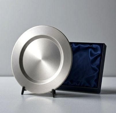Meisterteller aus Metall silber matt gebürstet mit Tischaufsteller und Geschenketui (optional)