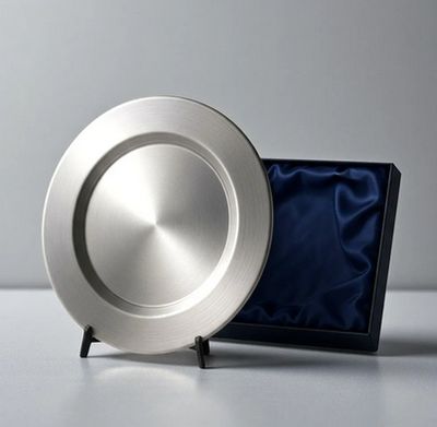 Meisterteller aus Metall silber matt gebürstet mit Tischaufsteller und Geschenketui (optional)