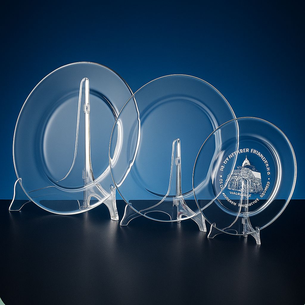 Kristallglas-Teller Classic inkl. Tischaufsteller, ab € 20,00 Kristallglas-Teller mit transparentem Aufsteller, runde Glasplatte klar, in drei Größen, hochwertige Auszeichnung