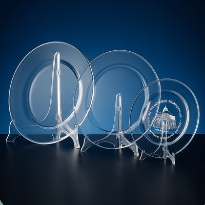 Kristallglas-Teller mit transparentem Aufsteller, runde Glasplatte klar, in drei Größen, hochwertige Auszeichnung