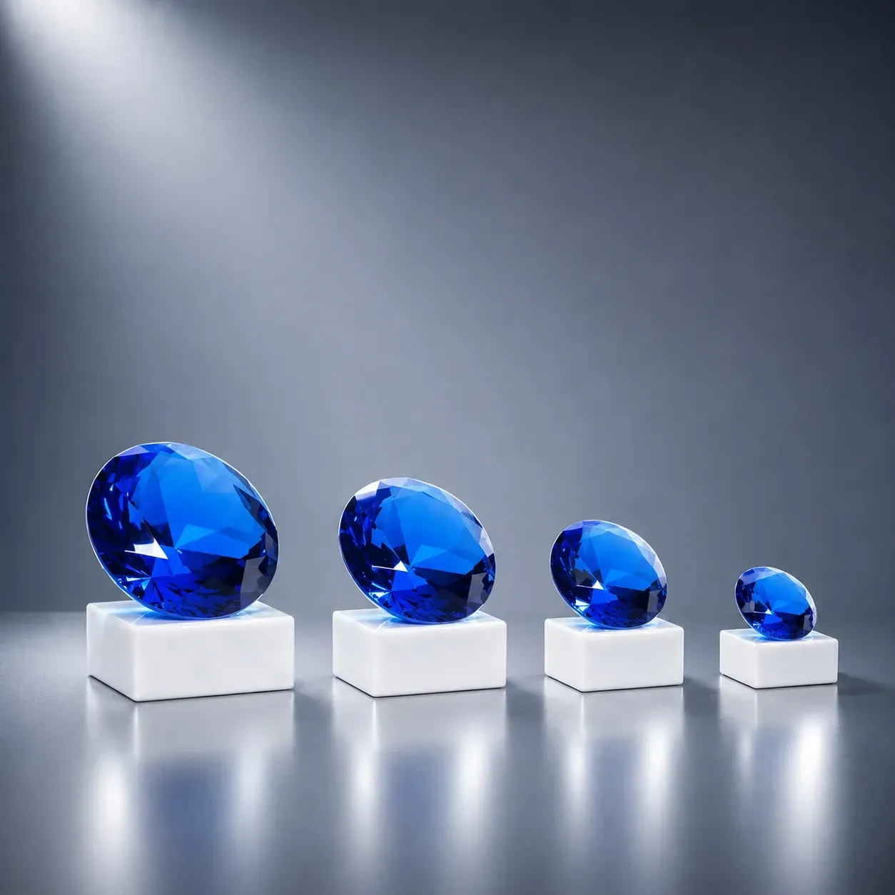 Glasdiamant Hope – 4er Serie, ab € 12,50 Blauer Glasdiamant mit präzisem Schliff in vier Größen, wahlweise auf Marmorsockel oder in Box