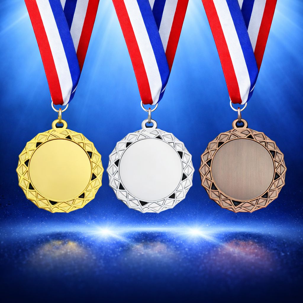 Metallmedaillen in Gold, Silber und Bronze mit geometrischem Rand und rot-weiß-blauem Medaillenband vor blauem Hintergrund