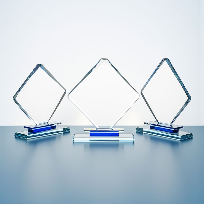 Quadratische Glastrophäe aus klarem Glas mit blauen Element im Sockel