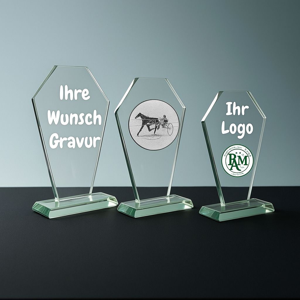 Jadeglas-Trophäe mit Facettenschliff und Emblemträger aus grünem Glas auf graublauem Hintergrund.