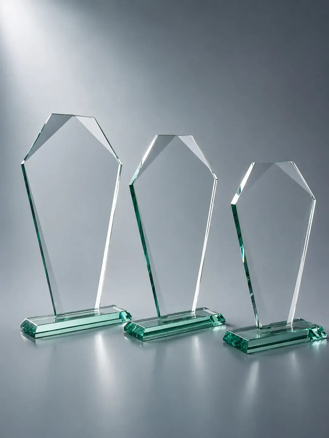 Jadeglas-Trophäe Jadeglas-Trophäe mit Facettenschliff und Emblemträger aus grünem Glas auf graublauem Hintergrund.