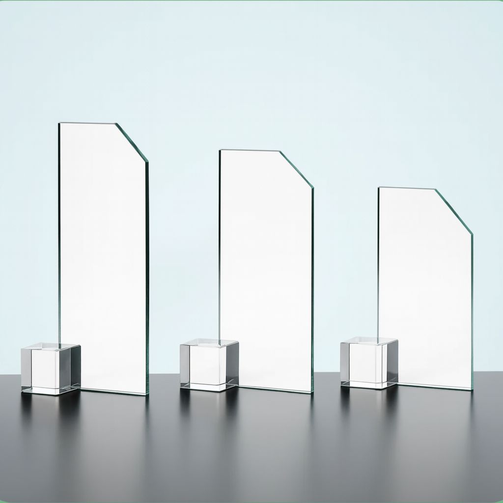 Glastrophäen der Serie Dadi aus klarem Glas mit abgeschrägter Oberkante und Glaswürfel-Sockel in drei Größen