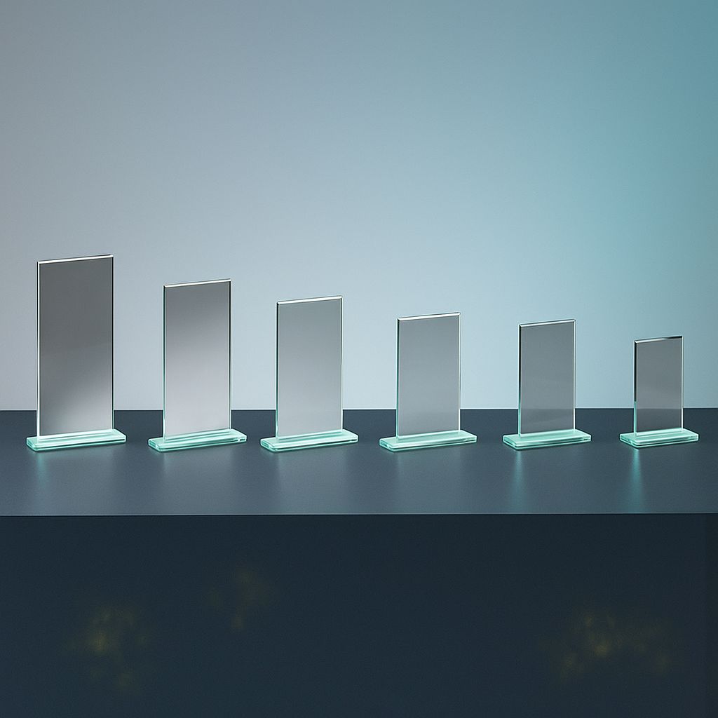Rechteckige Glastrophäe Christoph aus klarem Glas mit Glasfuß in sechs Größen