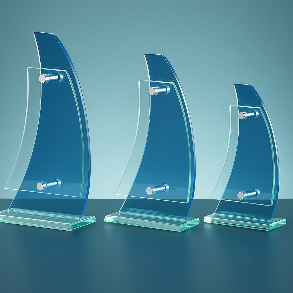Glastrophäe Sailing mit geschwungener Form und blauem Glaselement in drei Größen