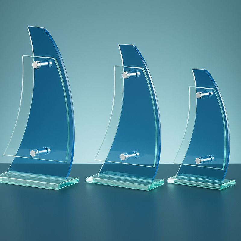 Glastrophäe Sailing mit geschwungener Form und blauem Glaselement in drei Größen