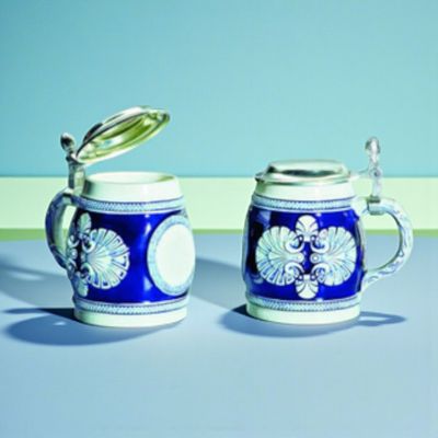 Keramikkrug mit Zinndeckel blau weiß 0,5 l