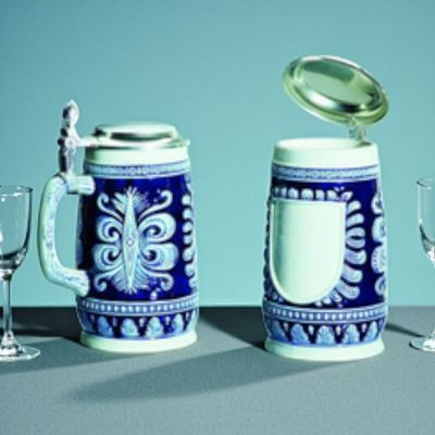 Keramikkrug mit Zinndeckel blau weiß 0,5 l