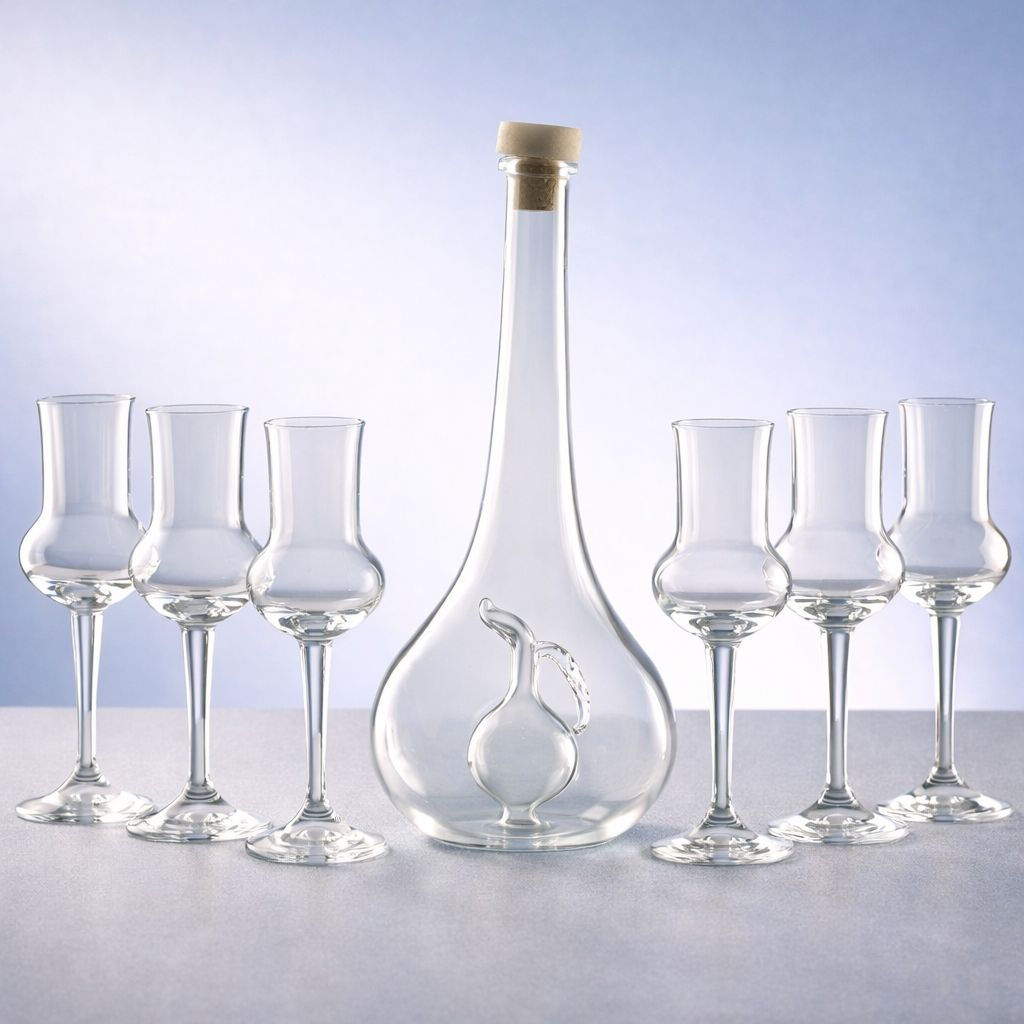 Grappaset mit Glaskaraffe und sechs Grappagläsern im Geschenkkarton