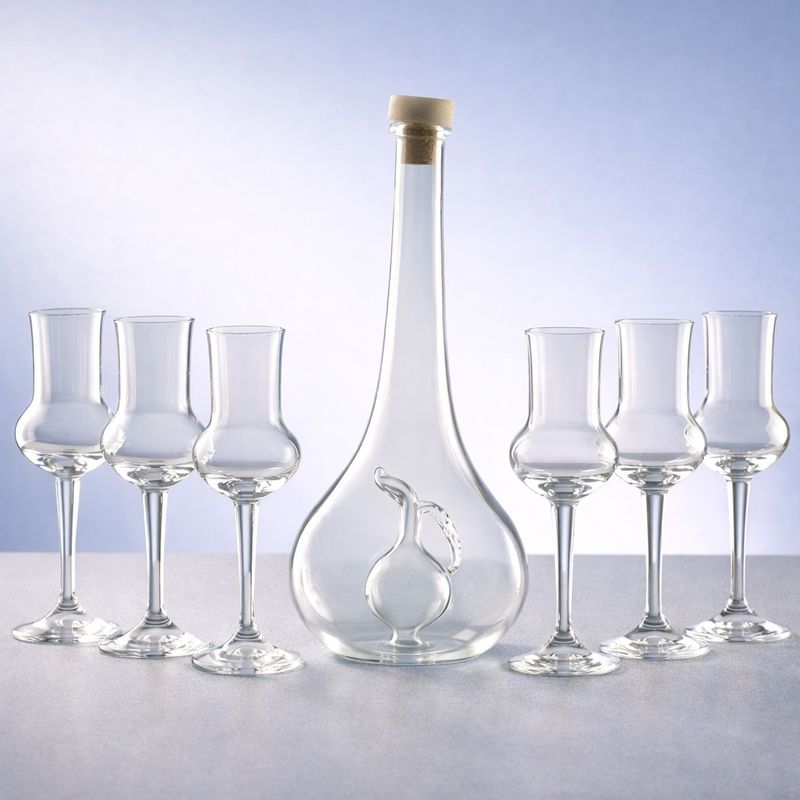 Grappaset mit Glaskaraffe und sechs Grappagläsern im Geschenkkarton