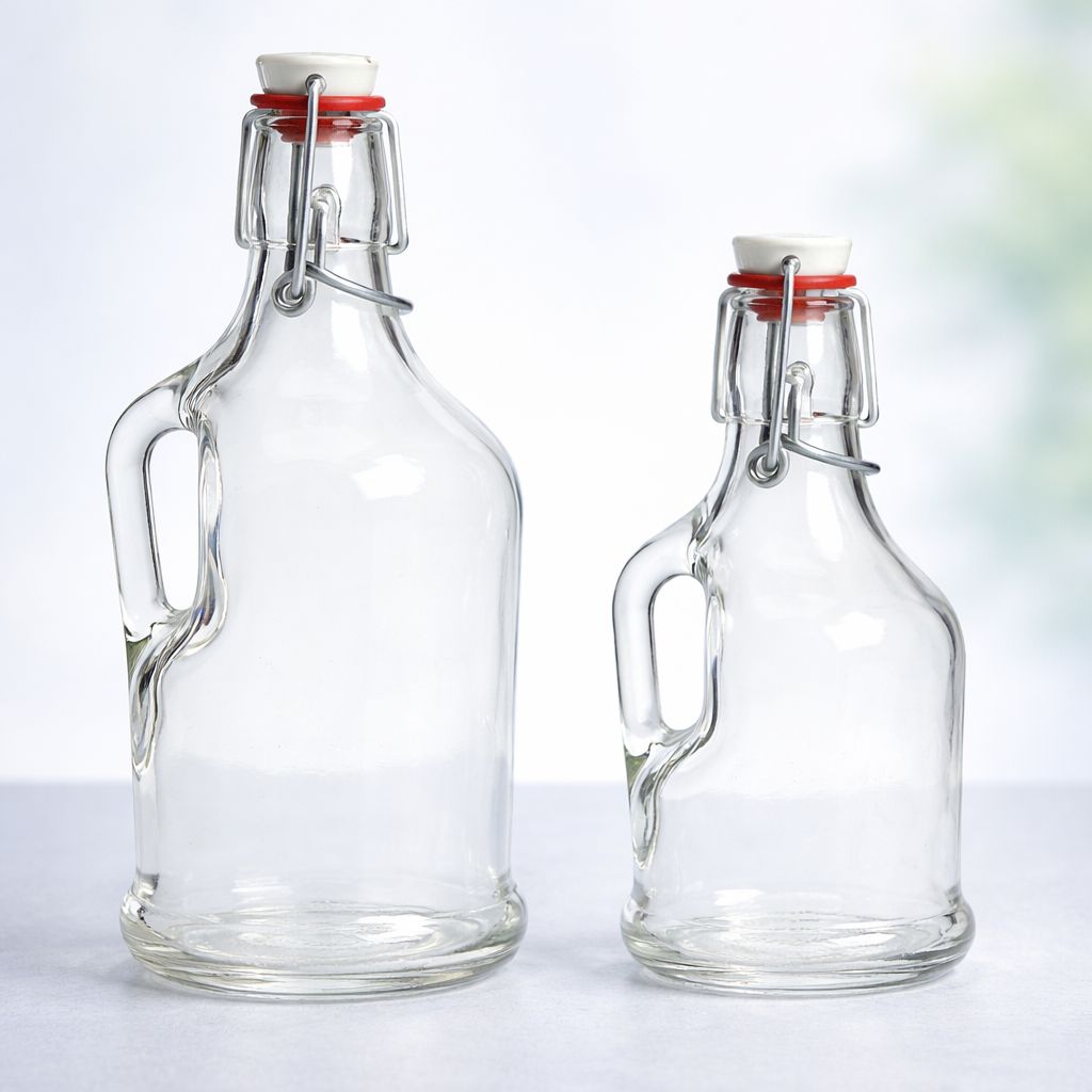 Bügelflaschen aus klarem Glas mit Drahtbügelverschluss und Henkel in zwei Größen