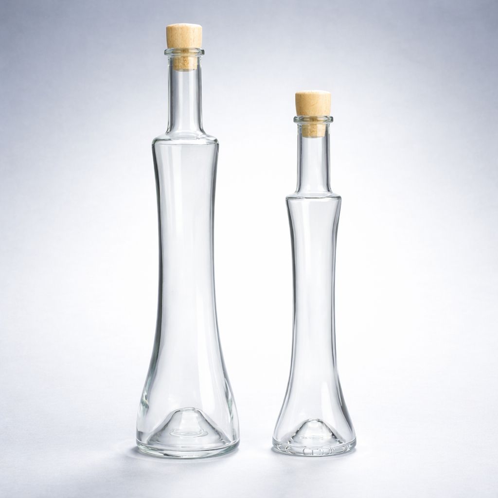 Glasflasche Princessa aus klarem Glas mit Holzgriffkorken in zwei Größen, gravierbar