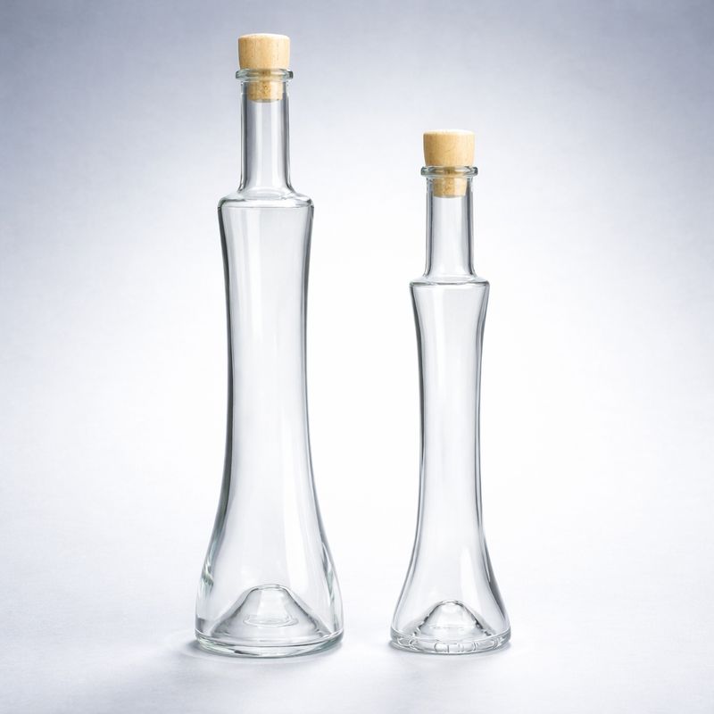 Glasflasche Princessa aus klarem Glas mit Holzgriffkorken in zwei Größen, gravierbar