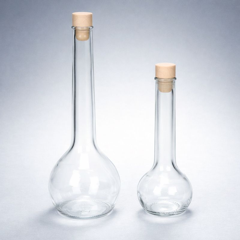 Glasflasche Tulipano aus klarem Glas mit Holzgriffkorken in zwei Größen, gravierbar