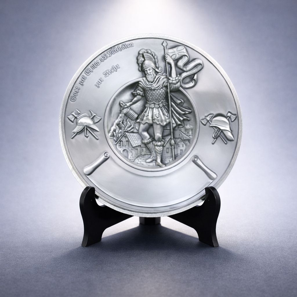 Zinnteller St. Florian mit Reliefprägung und Feuerwehrsymbolen in Handarbeit gefertigt