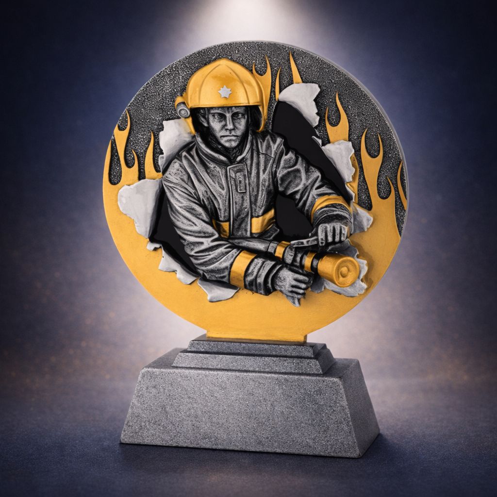 Feuerwehr Resinfigur Firefighter mit Schlauchangriff Motiv und Gravurschild