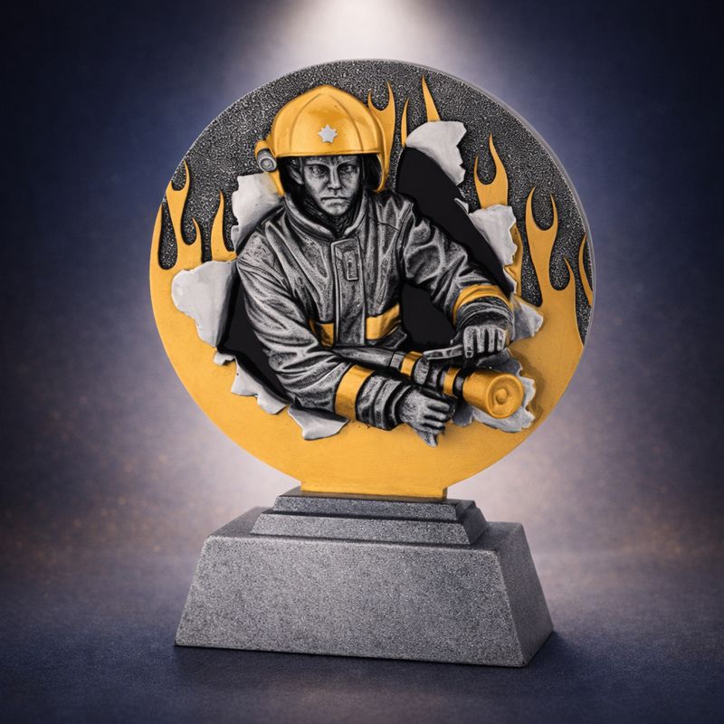Feuerwehr Resinfigur Firefighter mit Schlauchangriff Motiv und Gravurschild