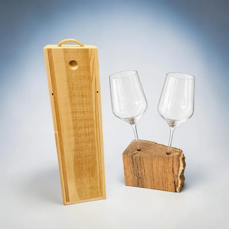 Wurzelholz Weingeschenk mit zwei Gläsern und Holzbox als Geschenkset