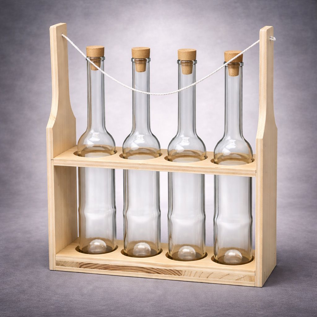Schnaps-Handtasche aus Holz mit vier Glasflaschen 10 cl im Träger gravierbar