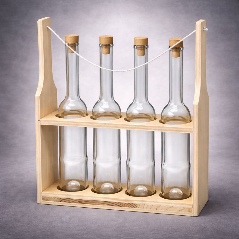Schnaps-Handtasche aus Holz mit vier Glasflaschen 10 cl im Träger gravierbar