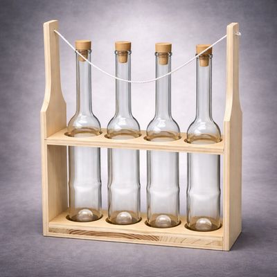 Schnaps-Handtasche aus Holz mit vier Glasflaschen 10 cl im Träger gravierbar